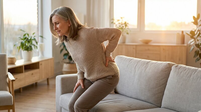 Woman in kitchen with hand on lower back