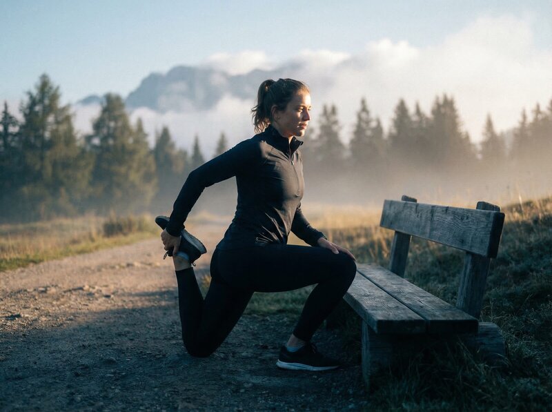 Athlete stretching on mountain trail bench