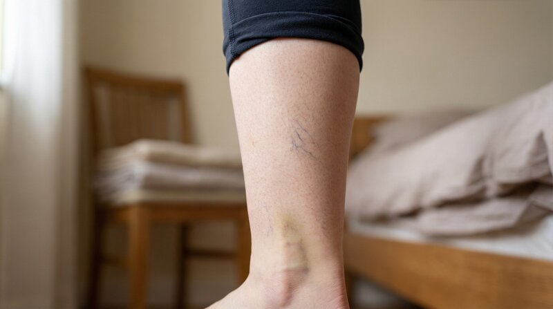 Close-up of leg showing spider veins and bruising